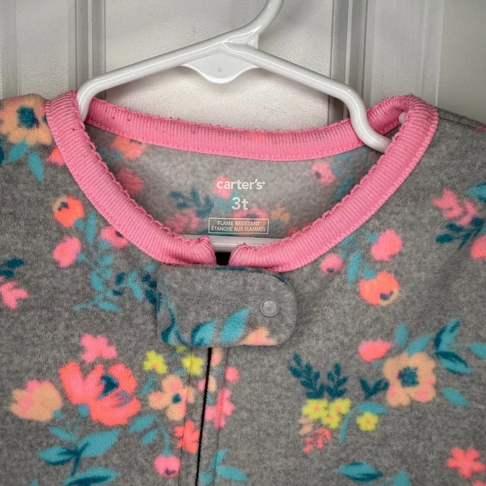 Carters Gray Floral‎ Fleece Footed Pajamas Sleepers Size 3T Toddler Girls